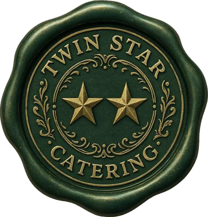 Twin Star Catering seal: two gold stars on dark green wax